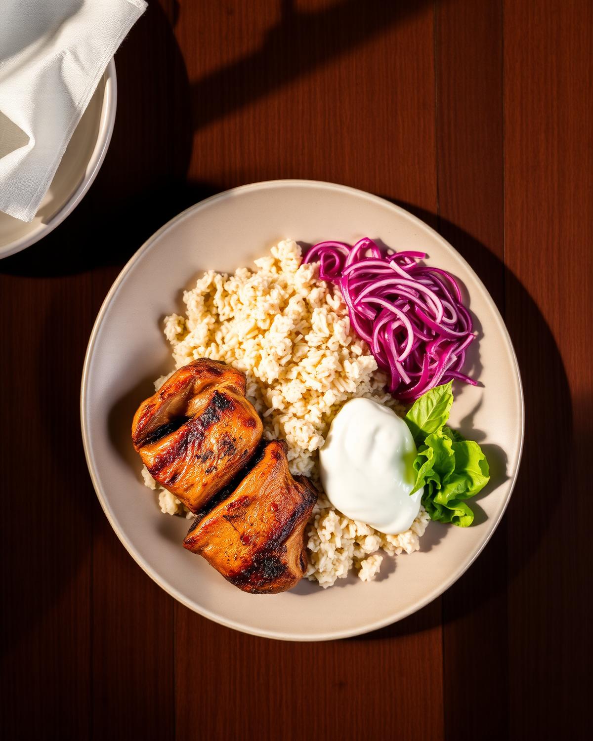 Teller mit Fleisch, Reis und Salat von oben