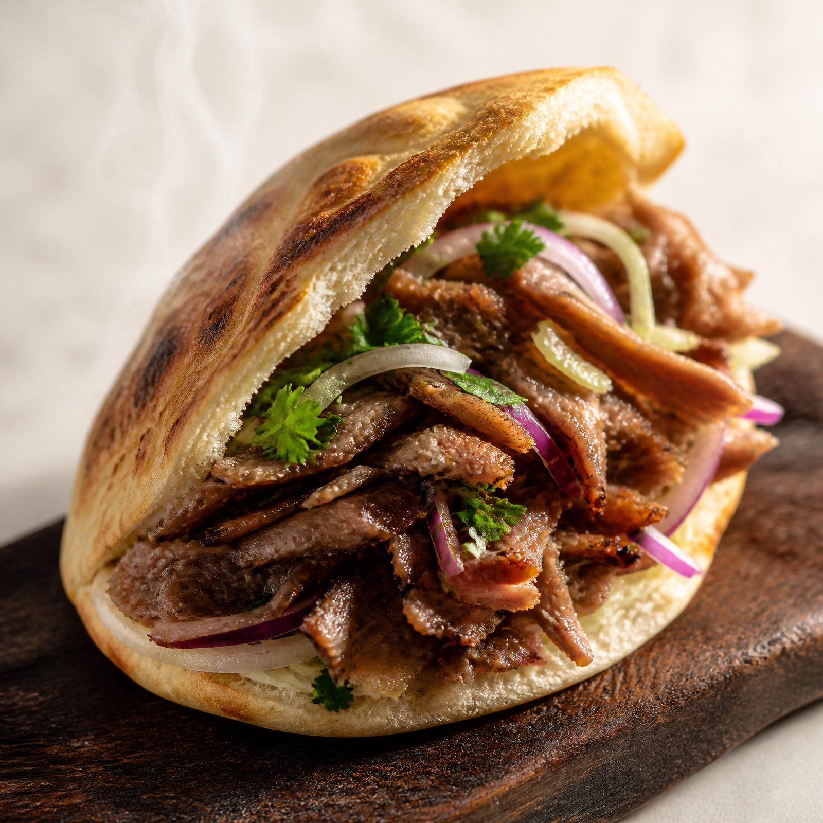 Frisch aufgeschnittener Döner auf Holzbrett